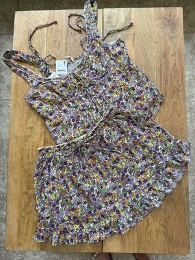 FREE PEOPLE Floral Cotton-Blend Cami and Skirt set in Purple & Yellow